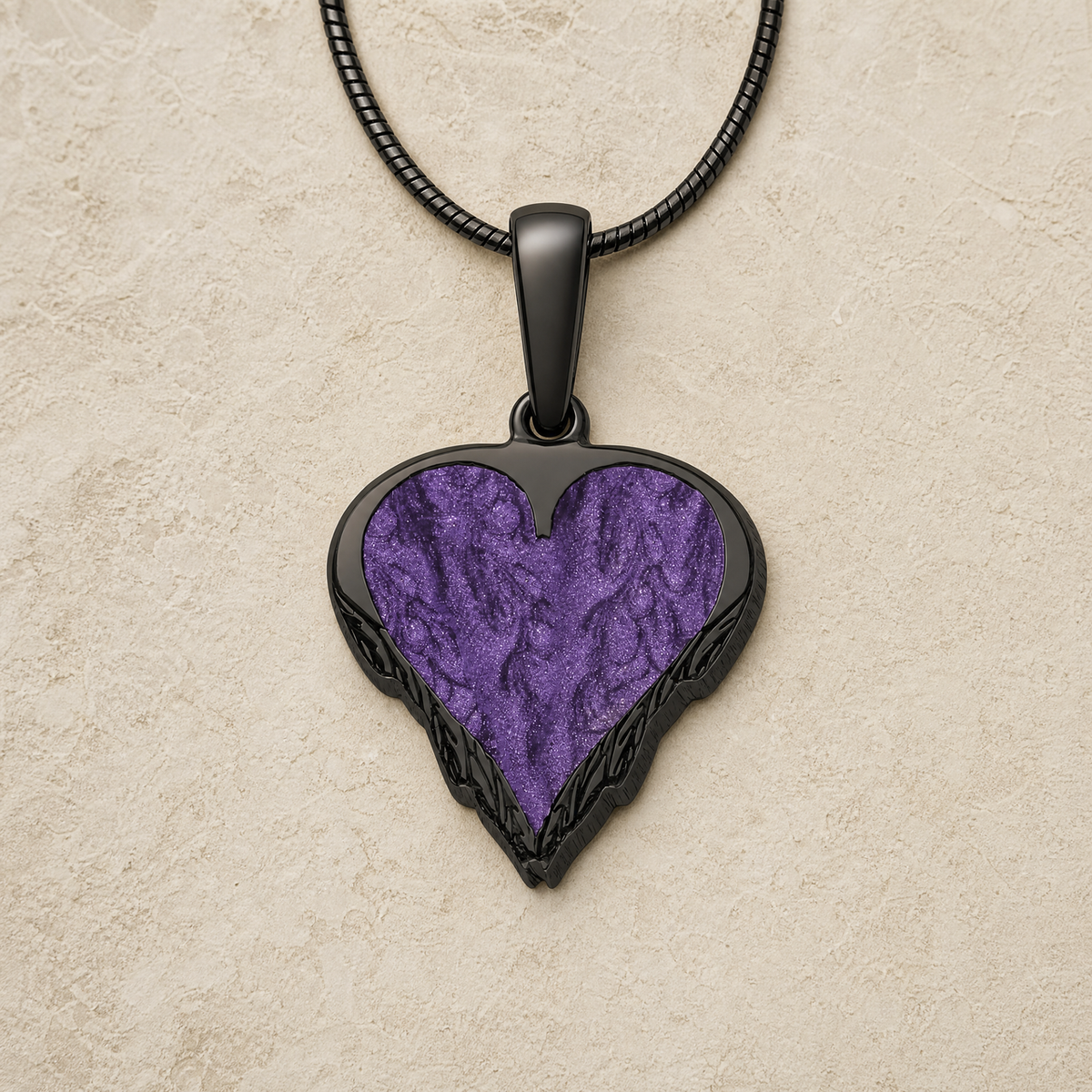 Feathered Heart Black Finish Ash Resin Jewelry