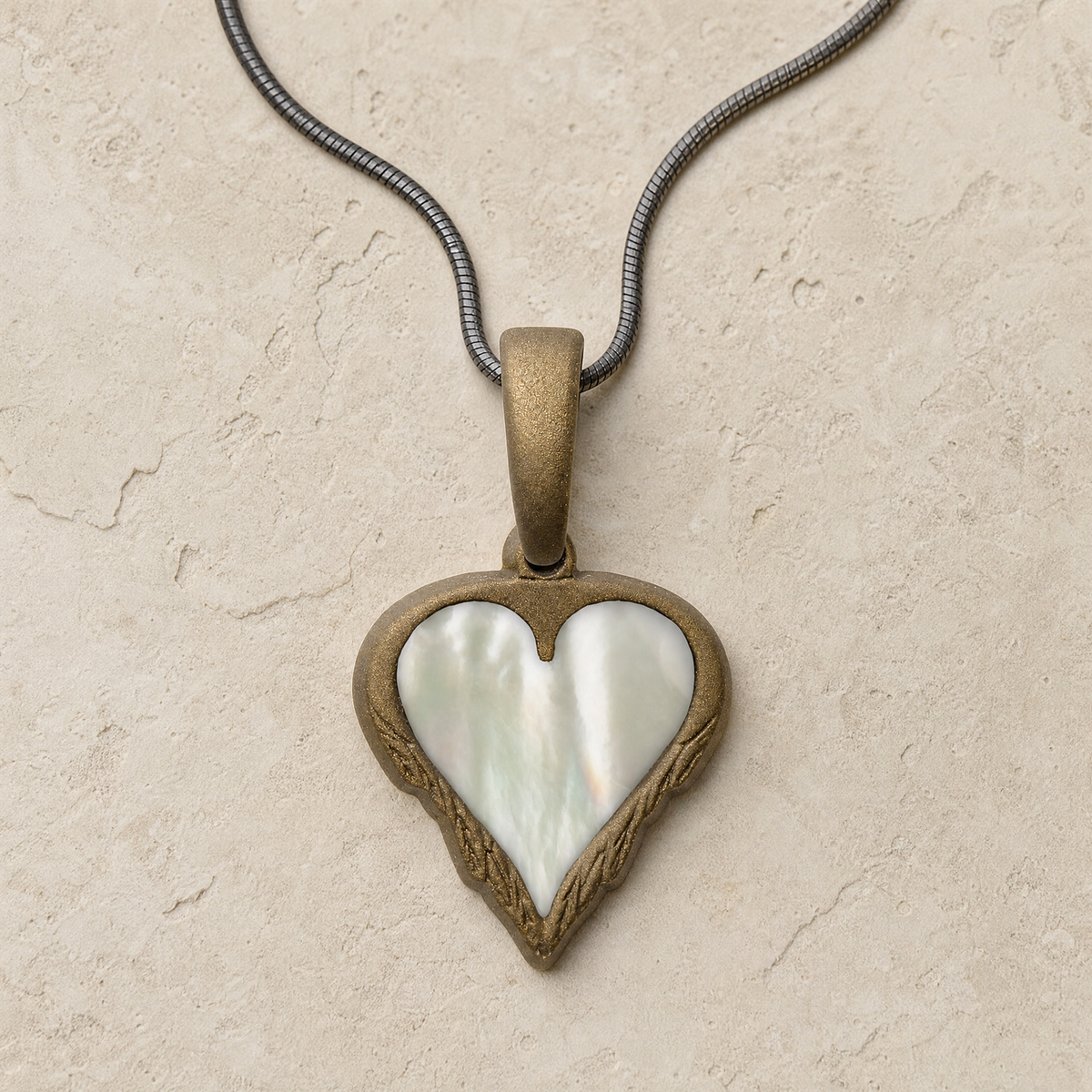 Feathered Heart Bronze Finish with Cream Ash Resin Jewelry