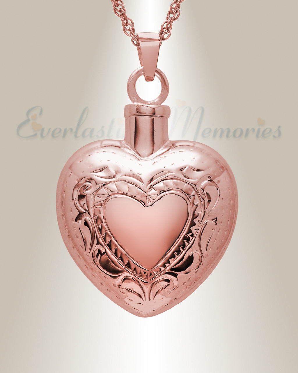 14K Rose Gold Etched Double Heart Cremation Urn Keepsake