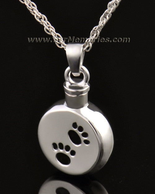 14K White Gold Paws on Disc Memorial Necklace