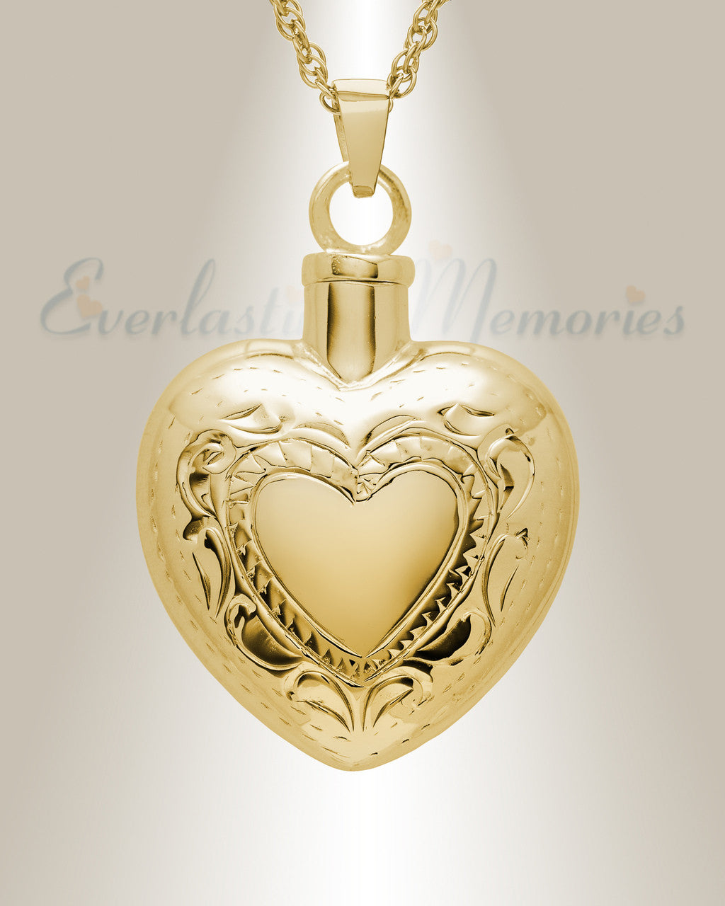 14K Gold Etched Double Heart Urn Keepsake