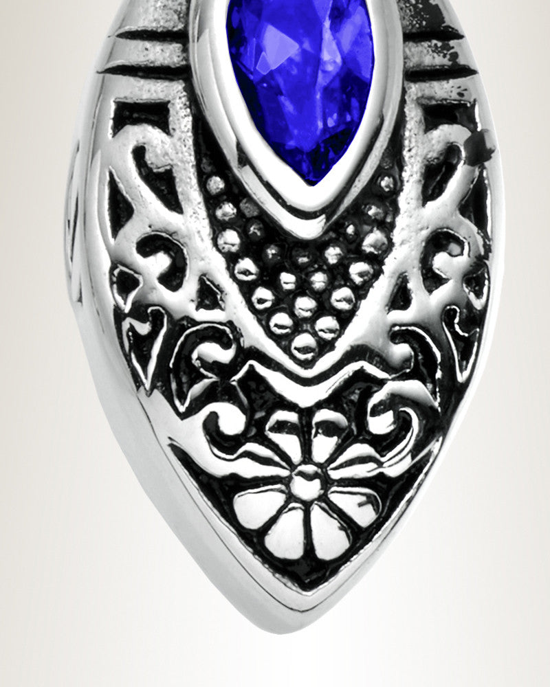 Stainless Steel Ornamental Teardrop with Blue Stone Pendant Keepsake