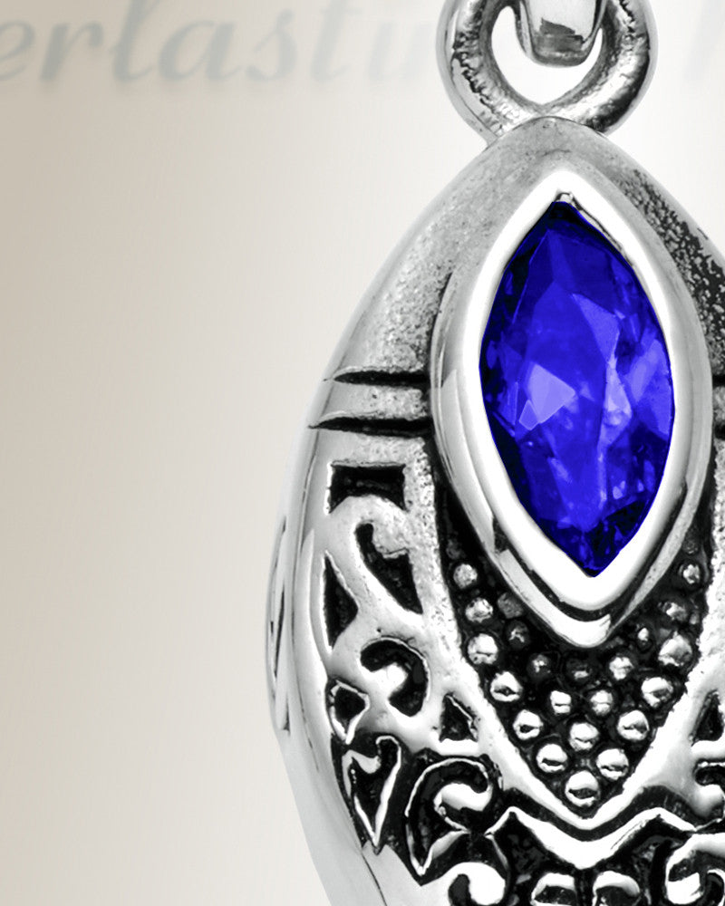 Stainless Steel Ornamental Teardrop with Blue Stone Pendant Keepsake