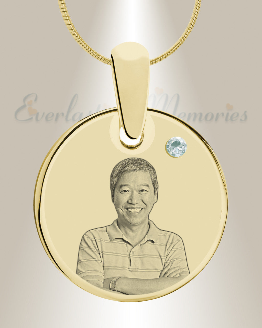 Birthstone Round April Photo Engraved Gold Plated over Stainless Keepsake