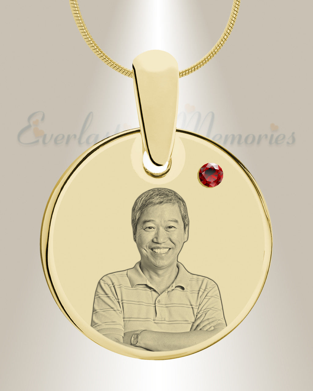 Birthstone Round January Photo Engraved Gold Plated over Stainless Keepsake