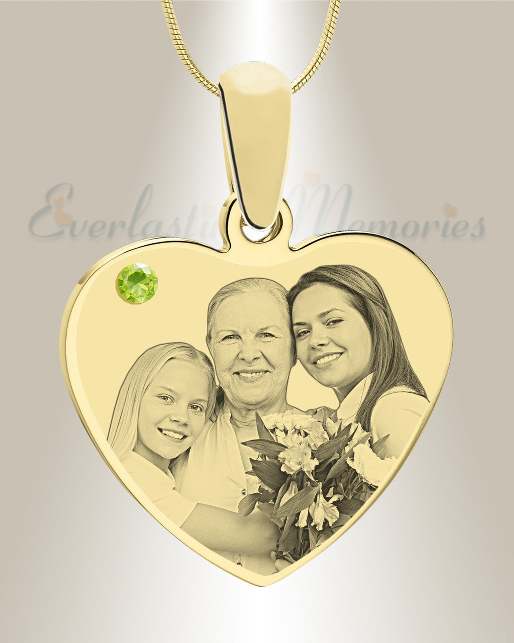 August Birthstone Heart Photo Engraved Gold Plated over Stainless Keepsake