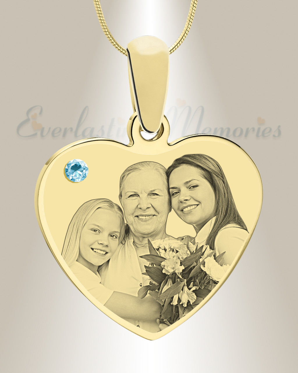 March Birthstone Heart Photo Engraved Gold Plated over Stainless Keepsake