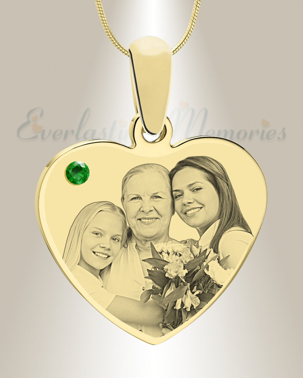 May Birthstone Heart Photo Engraved Gold Plated over Stainless Keepsake