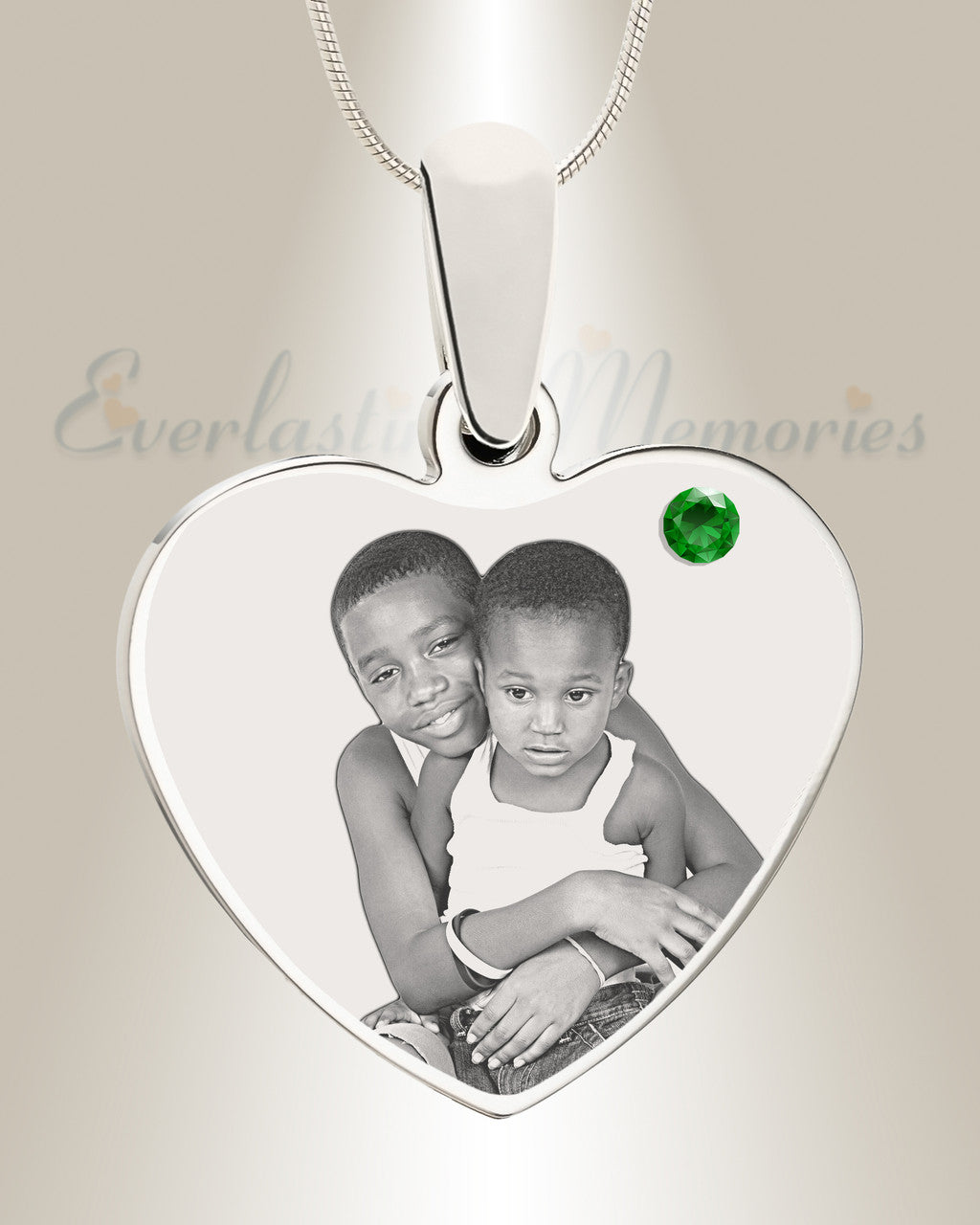 May Birthstone Heart Photo Engraved Stainless Keepsake