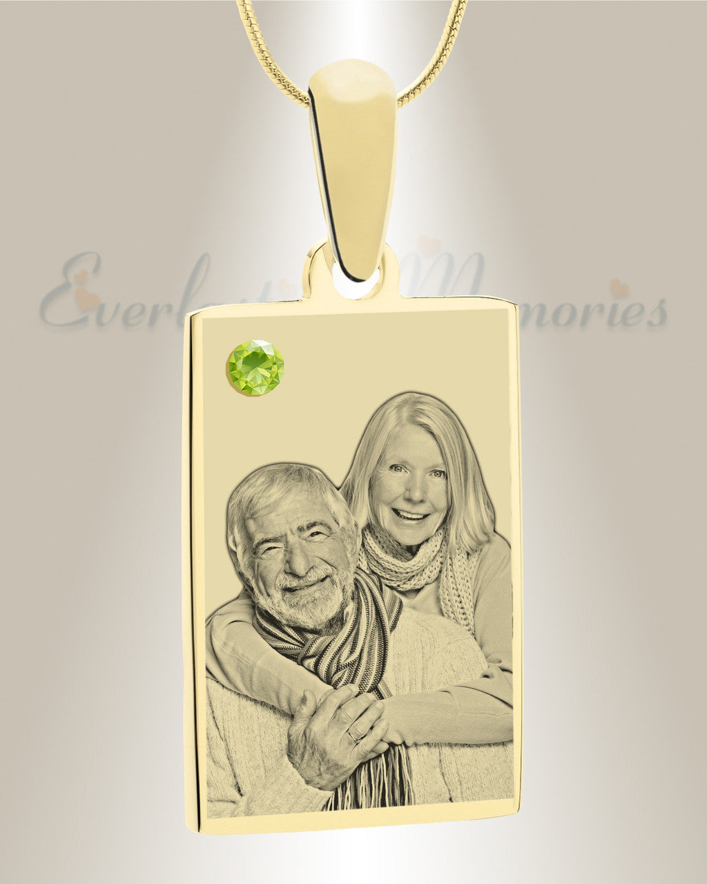 Birthstone Rectangle August Photo Engraved Gold Plated over Stainless Keepsake