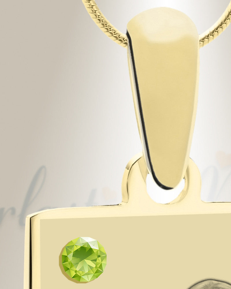 Birthstone Rectangle August Photo Engraved Gold Plated over Stainless Keepsake