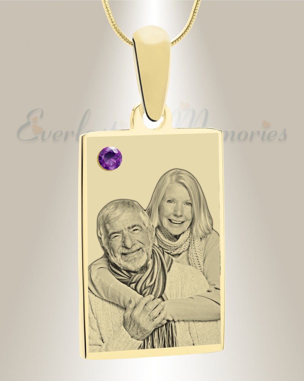 February Birthstone Rectangle Photo Engraved Gold Plated over Stainless Keepsake