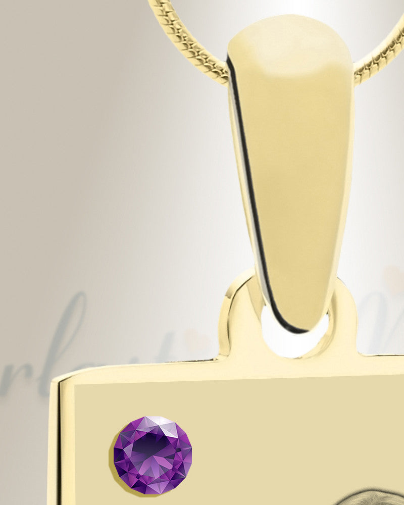 February Birthstone Rectangle Photo Engraved Gold Plated over Stainless Keepsake