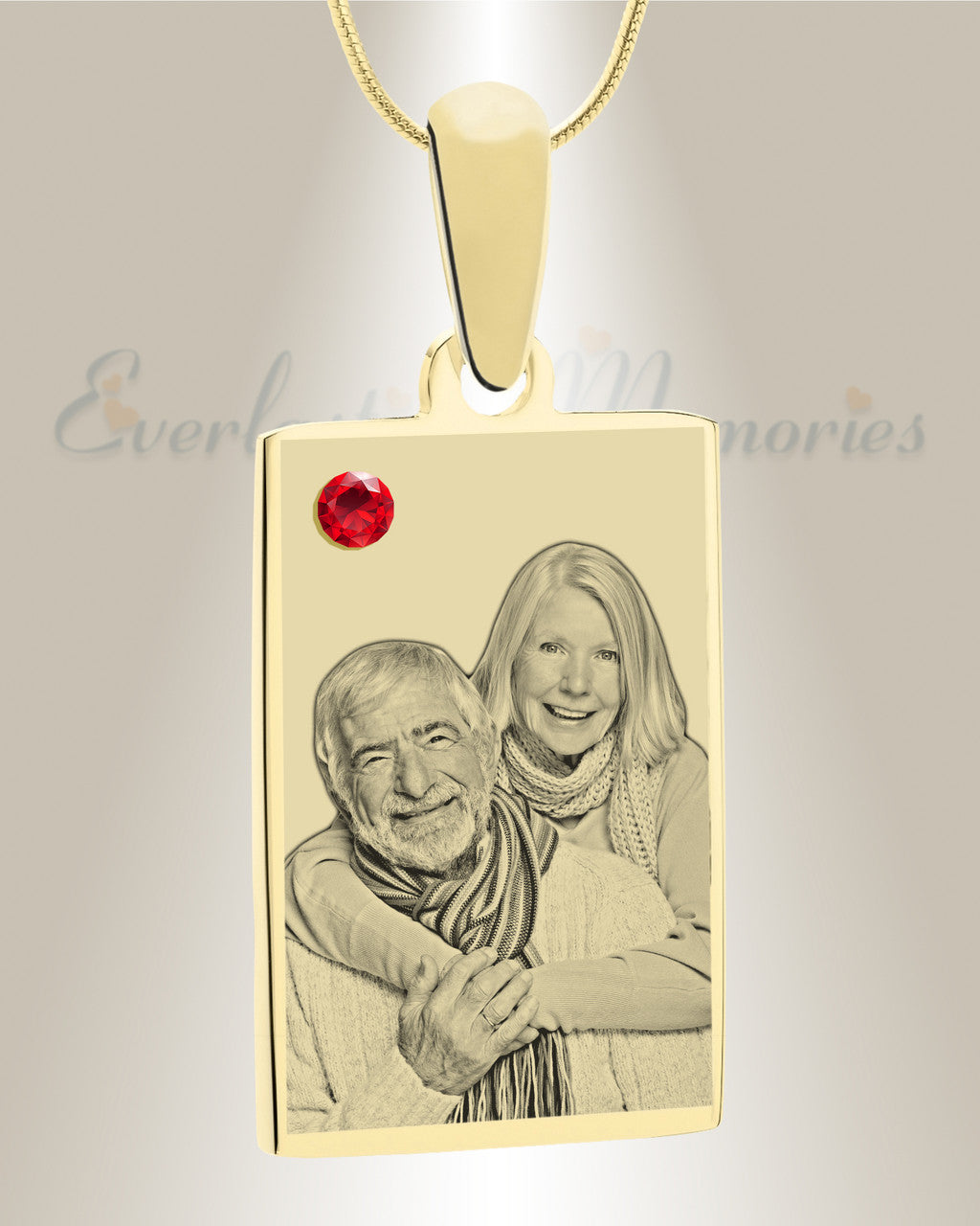 Birthstone Rectangle July Photo Engraved Gold Plated over Stainless Keepsake