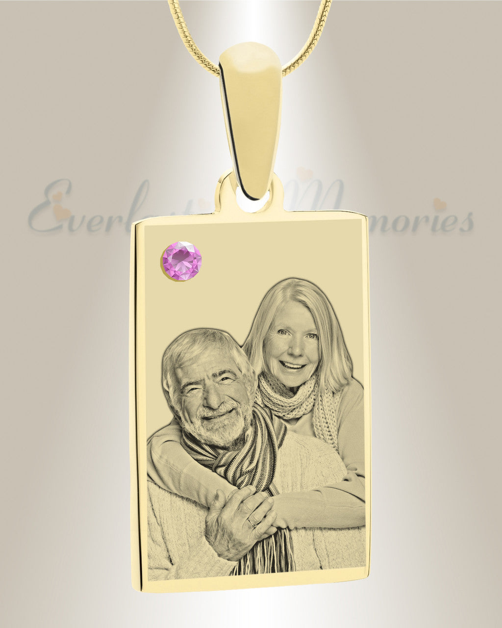 Birthstone Rectangle June Photo Engraved Gold Plated over Stainless Keepsake