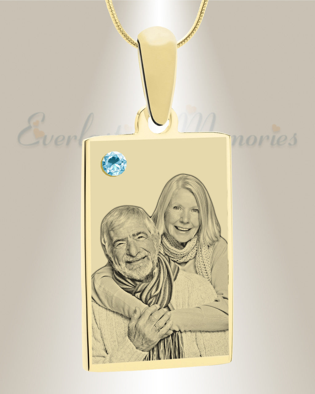 Birthstone Rectangle March Photo Engraved Gold Plated over Stainless Keepsake