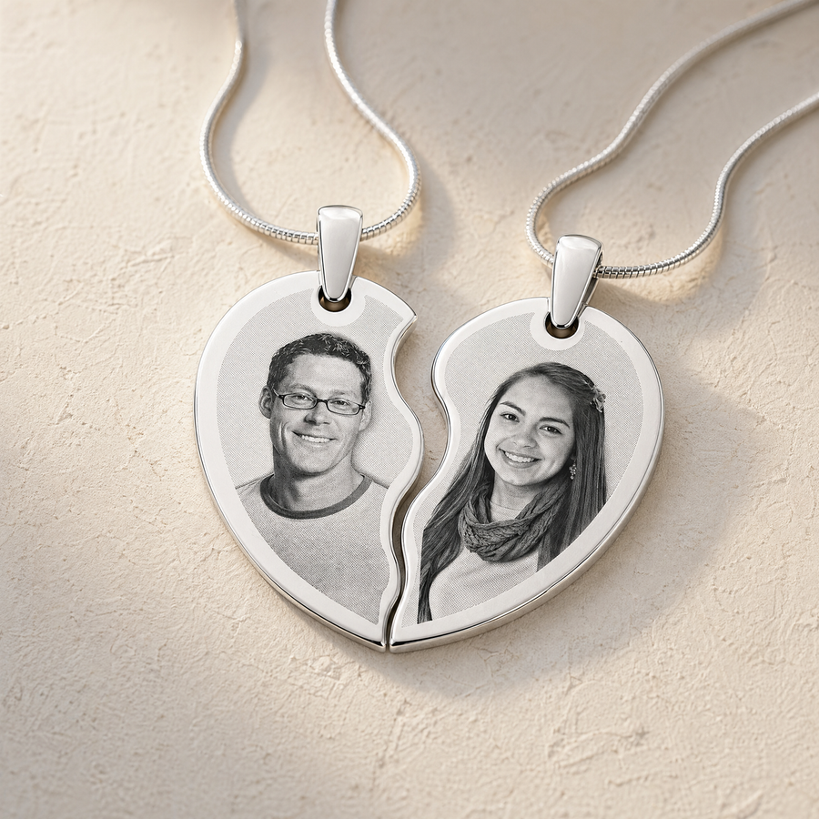 Double Picture Engraved Heart Silver Pendant