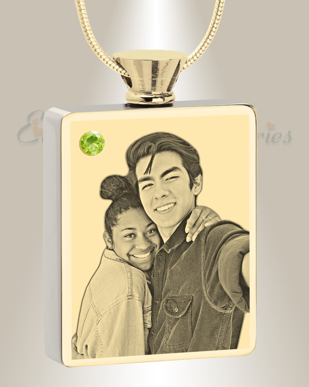 August Birthstone Rectangle Gold Plated Photo Engraved Ash Pendant