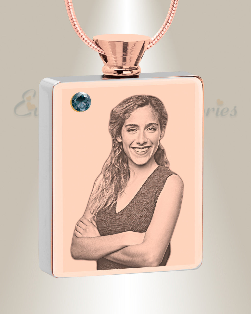 December Birthstone Rectangle Rose Gold Plated Photo Engraved Ash Pendant