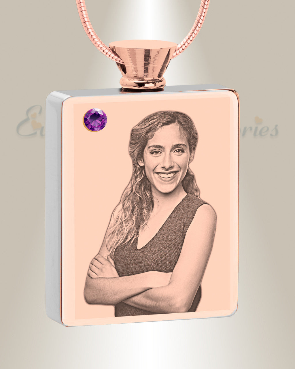 February Birthstone Rectangle Rose Gold Plated Photo Engraved Ash Pendant