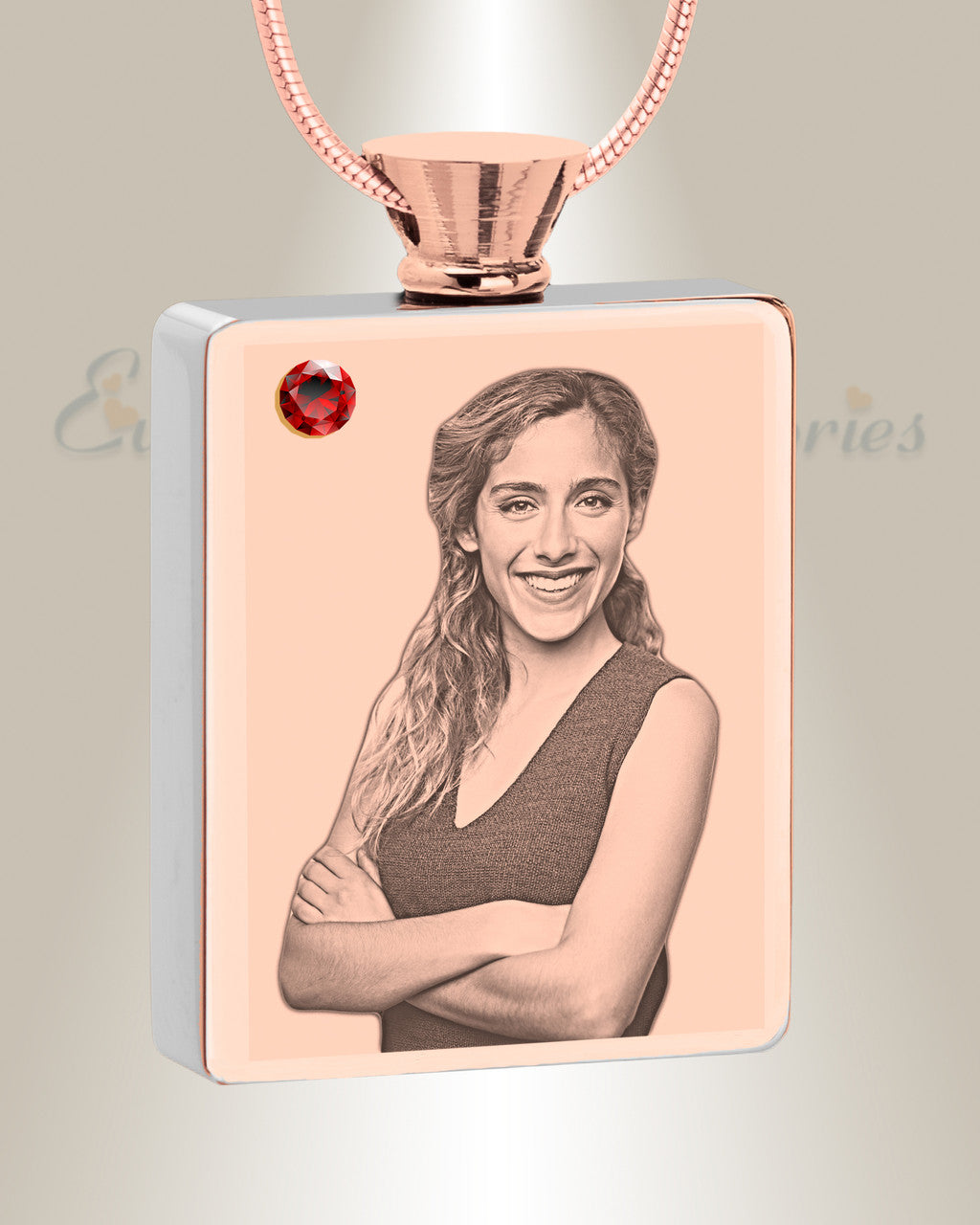 January Birthstone Rectangle Rose Gold Plated Photo Engraved Ash Pendant