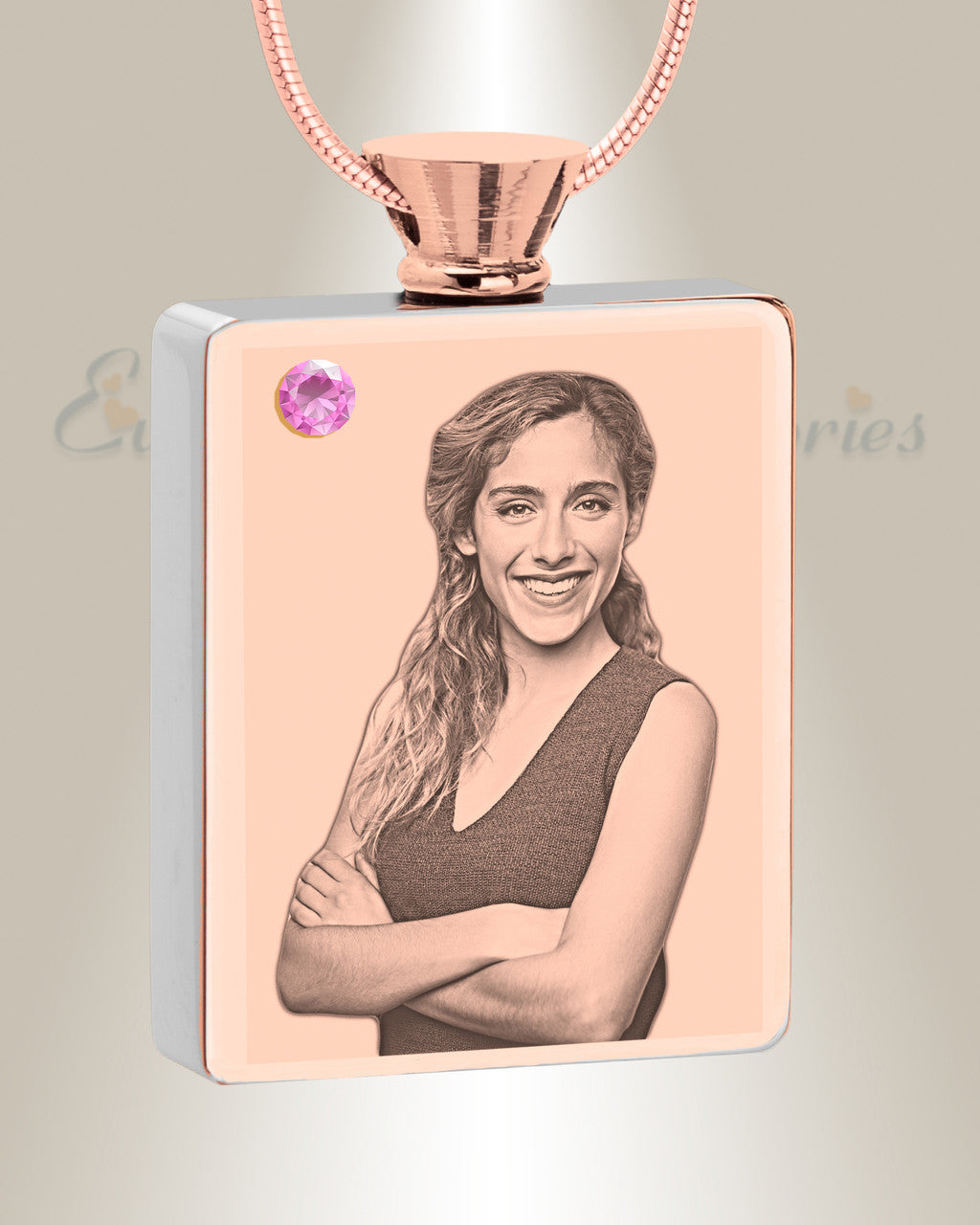 June Birthstone Rectangle Rose Gold Plated Photo Engraved Ash Pendant