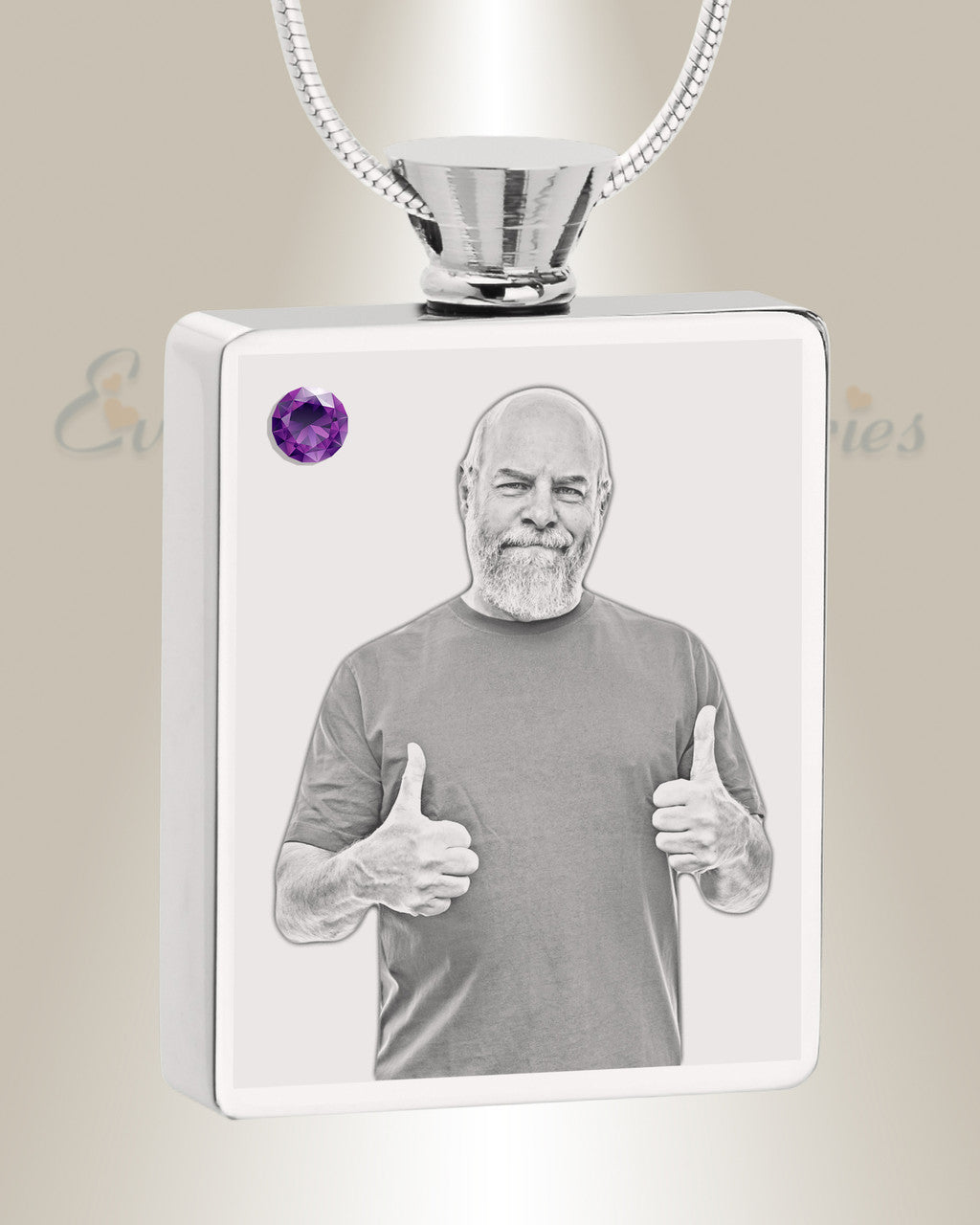 February Birthstone Rectangle Stainless Steel Photo Engraved Ash Pendant