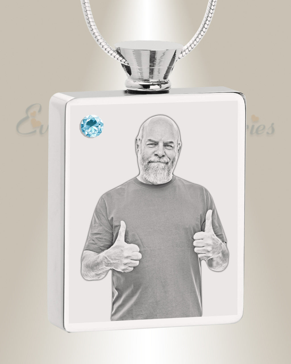 March Birthstone Rectangle Stainless Steel Photo Engraved Ash Pendant