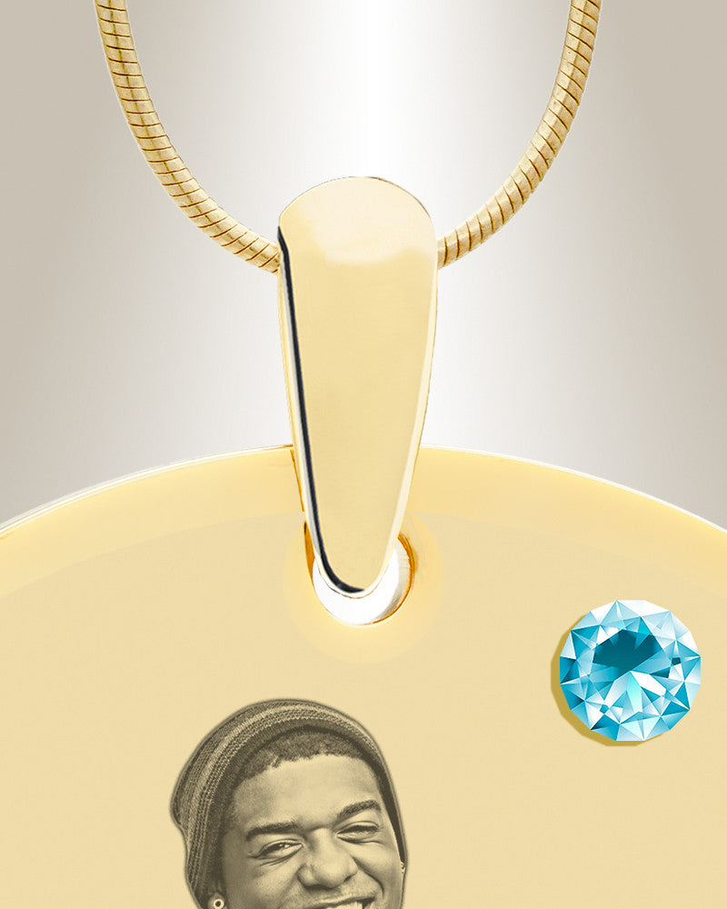 Birthstone Large Dog Tag March Photo Engraved Gold Plated over Stainless Keepsake