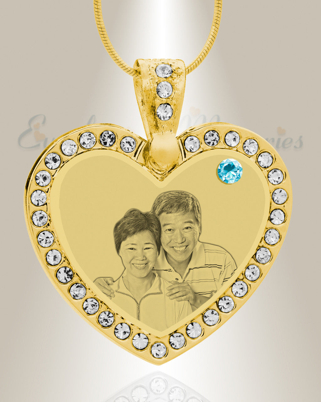 Birthstone Gem Heart March Photo Engraved Gold Plated over Stainless Keepsake