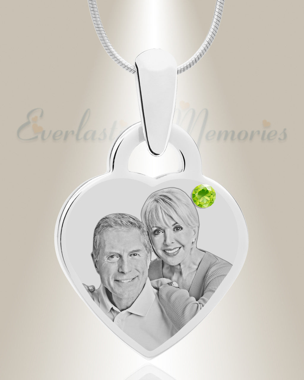 Birthstone Small Heart August Picture Engraved Stainless Keepsake