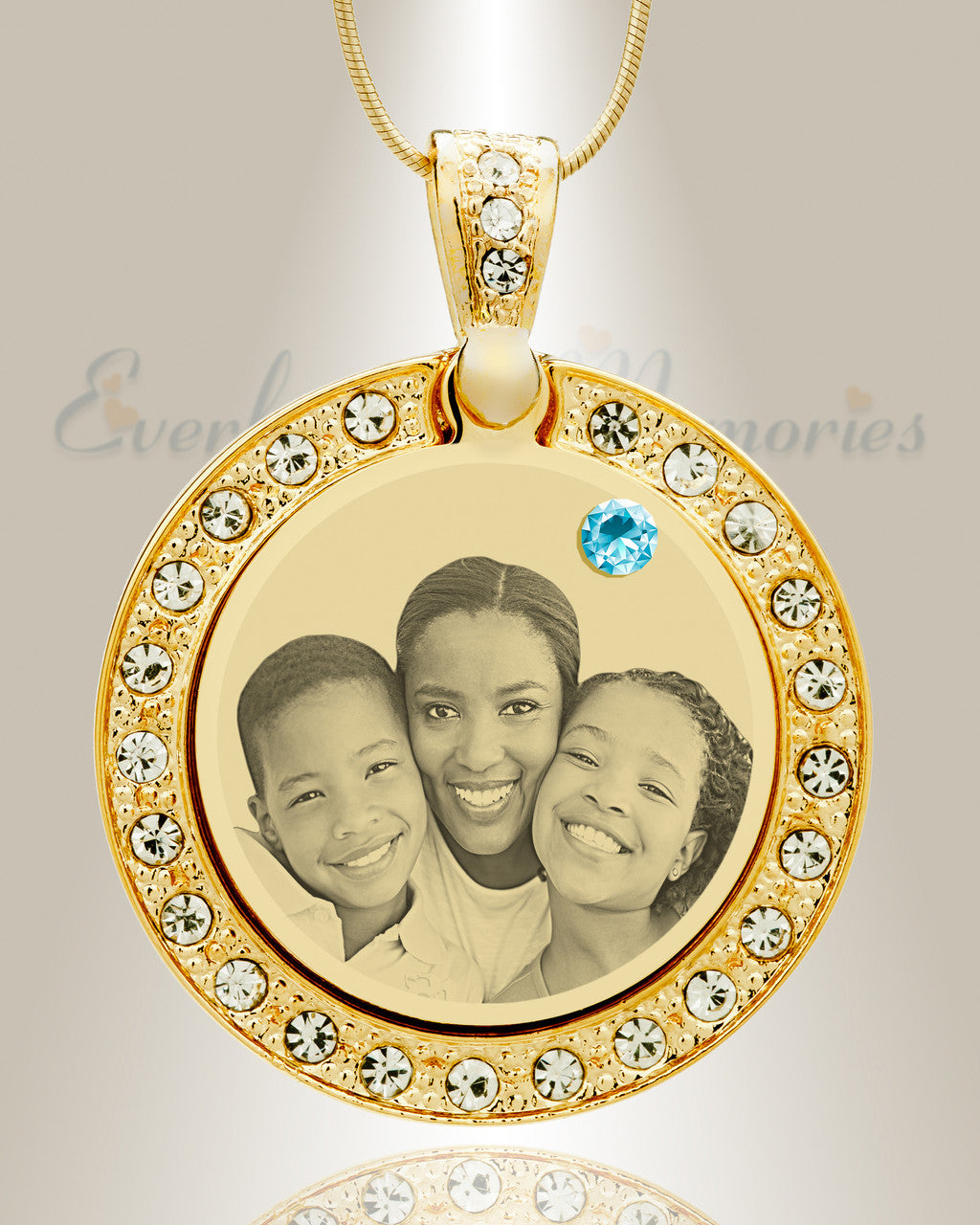 Birthstone Gem Circle March Photo Engraved Gold Plated over Stainless Keepsake
