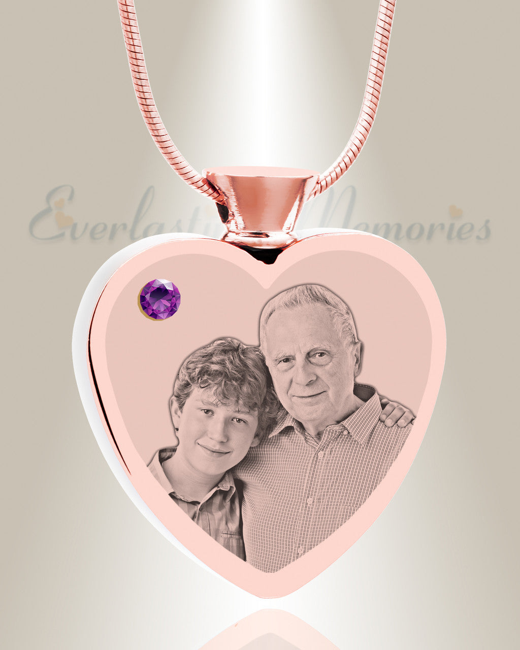 February Birthstone Heart Rose Gold Plated Picture Engraved Ash Pendant