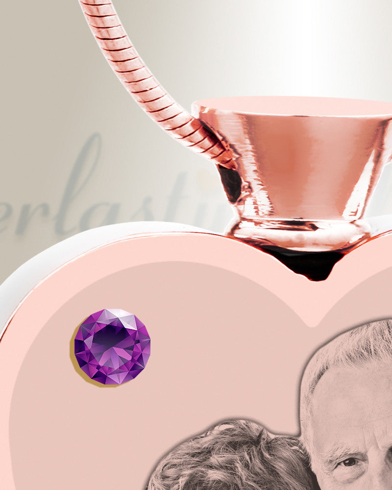 February Birthstone Heart Rose Gold Plated Picture Engraved Ash Pendant