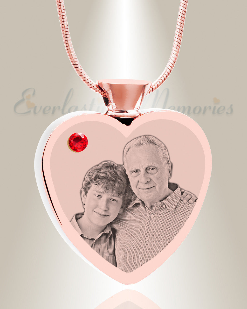 July Birthstone Heart Rose Gold Plated Picture Engraved Ash Pendant