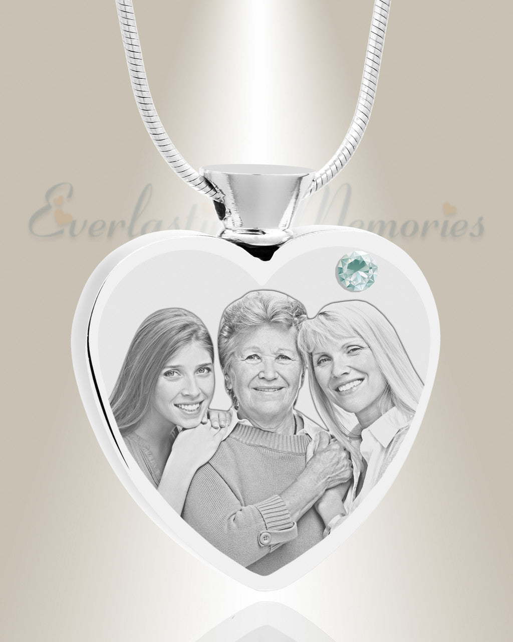 April Birthstone Heart Stainless Steel Picture Engraved Ash Pendant