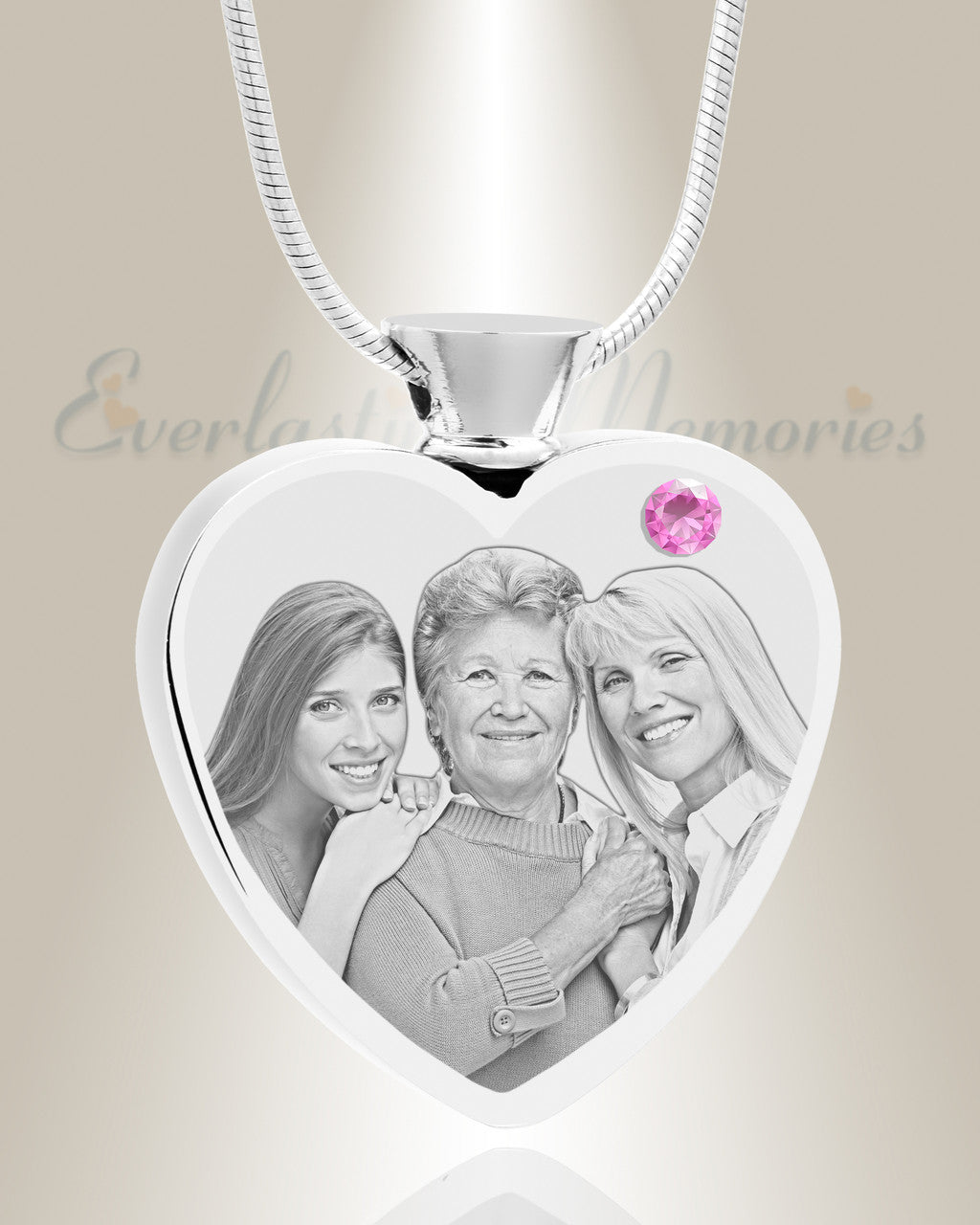 June Birthstone Heart Stainless Steel Picture Engraved Ash Pendant
