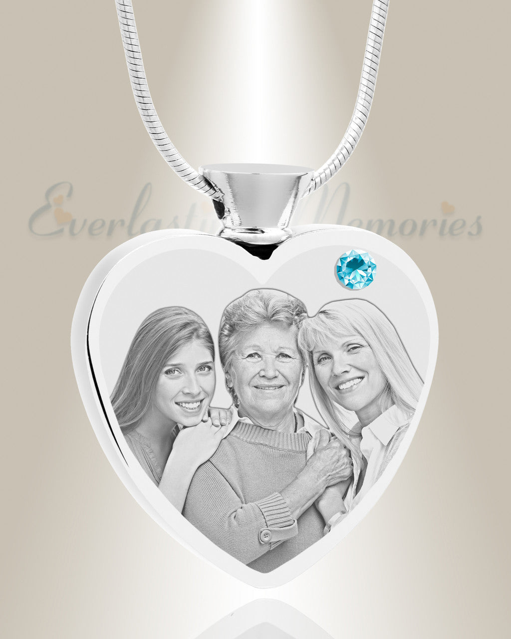 March Birthstone Heart Stainless Steel Picture Engraved Ash Pendant
