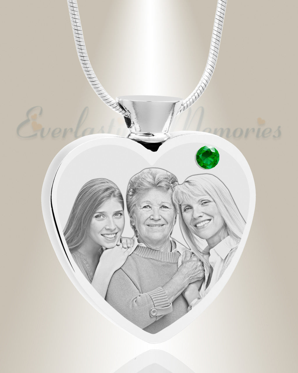 May Birthstone Heart Stainless Steel Picture Engraved Ash Pendant