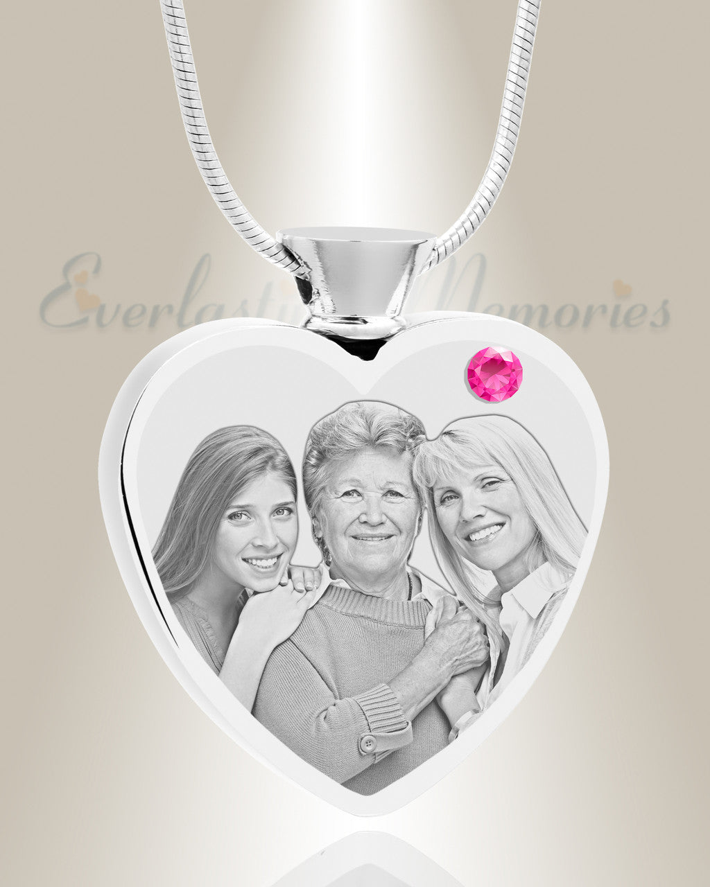 October Birthstone Heart Stainless Steel Picture Engraved Ash Pendant