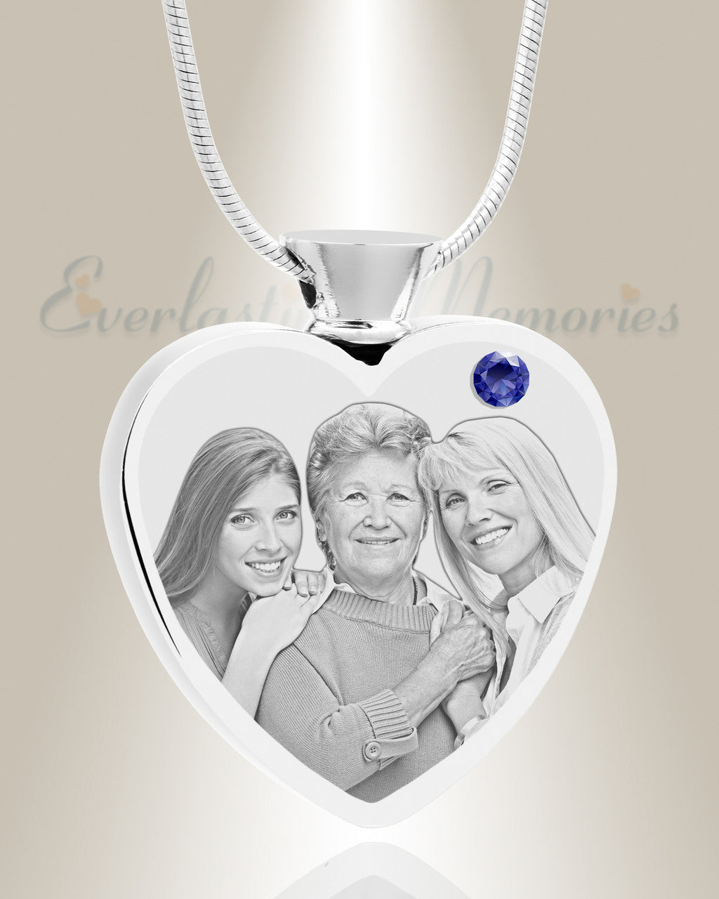 September Birthstone Heart Stainless Steel Picture Engraved Ash Pendant