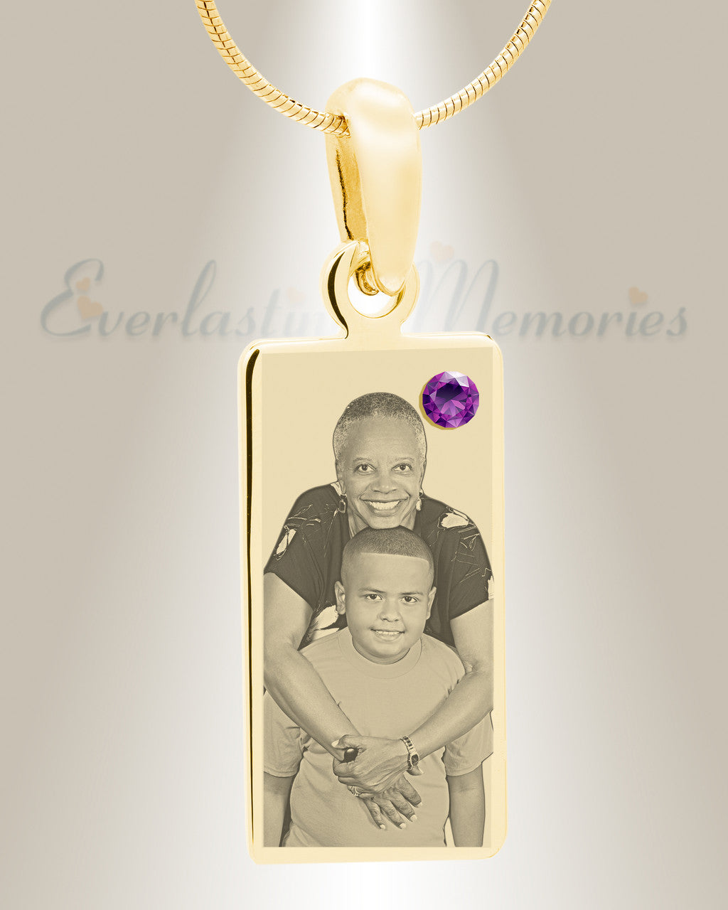 February Birthstone Gold Plated over Stainless Steel Tower Photo Pendant