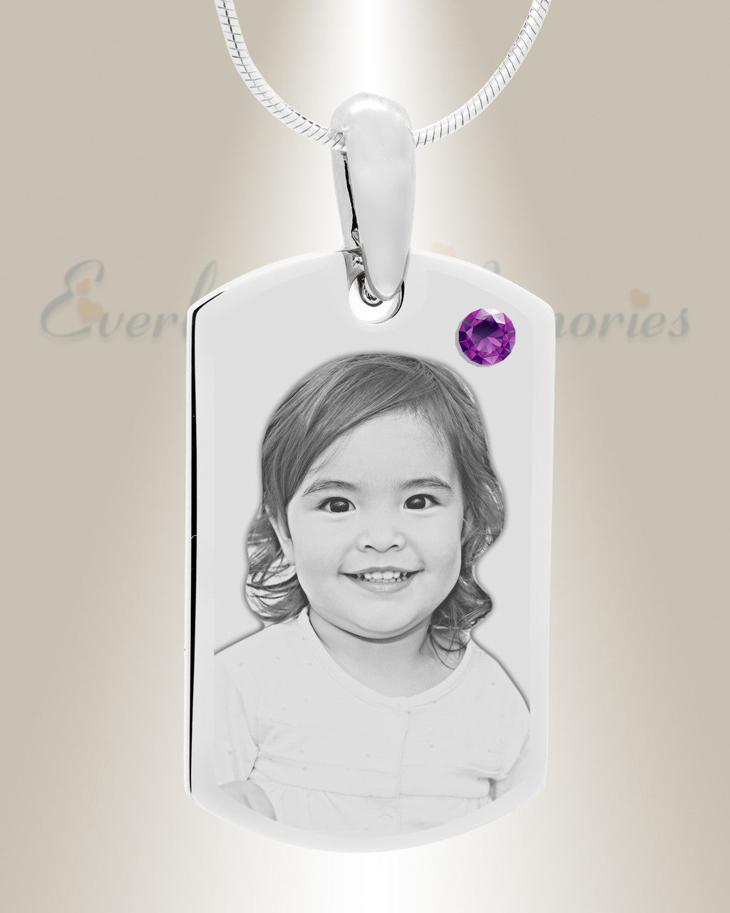 Birthstone Small Dog Tag February Stainless Steel Photo Pendant
