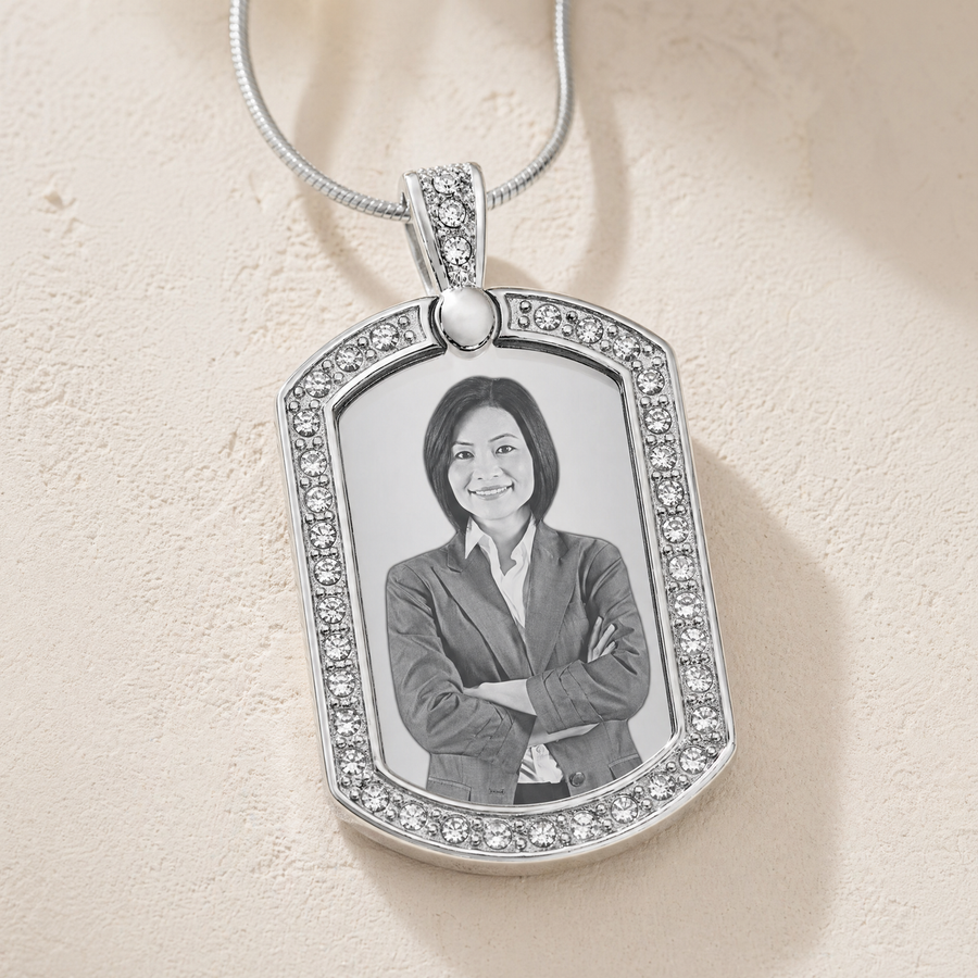 Stainless Steel Jeweled Portrait Dog Tag Photo Pendant