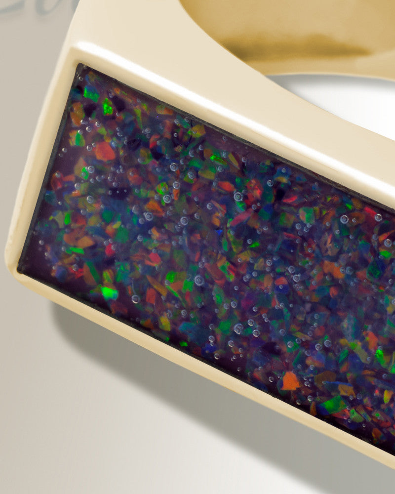 Solid 14K Gold Men's Drexel Ash Ring with Black Flame Opal