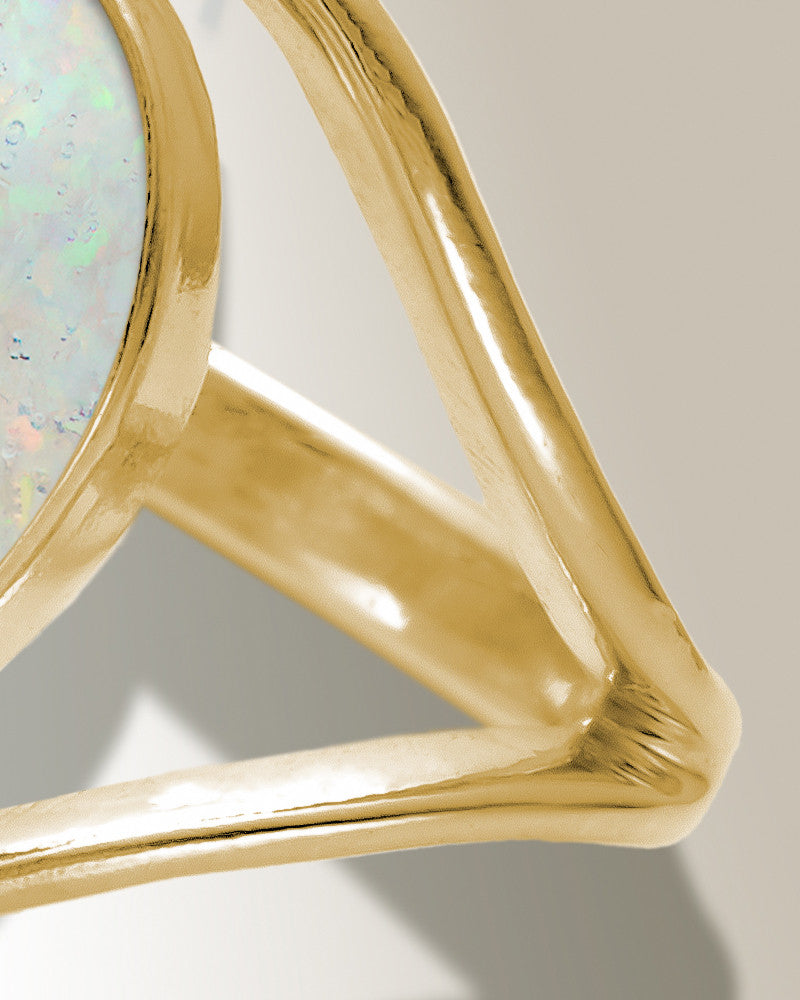 Solid 14K Gold Women's Spinnacker Ash Ring with Crushed Cream Opal