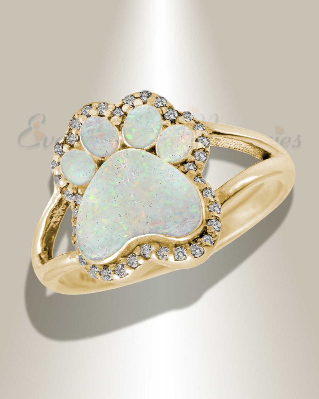 Solid 14K Gold Women's Paw Print Ash Ring with Crushed Cream Opal