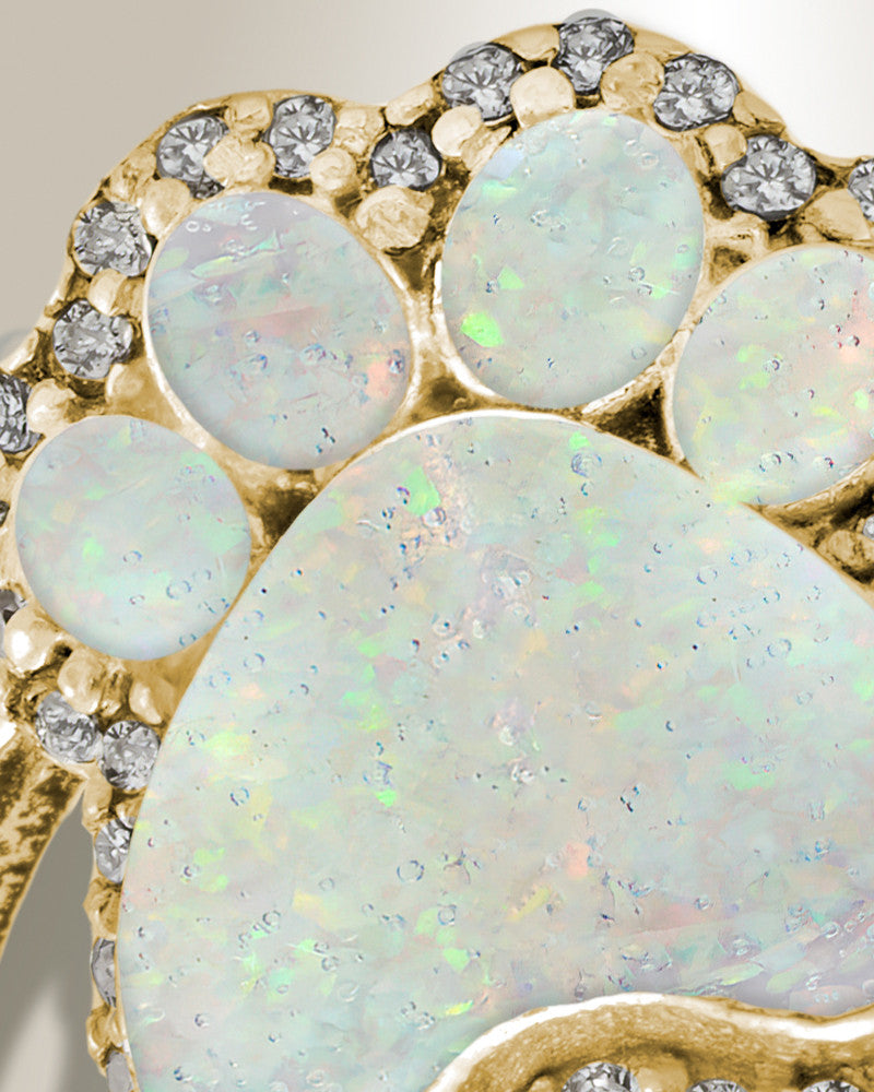 Solid 14K Gold Women's Paw Print Ash Ring with Crushed Cream Opal