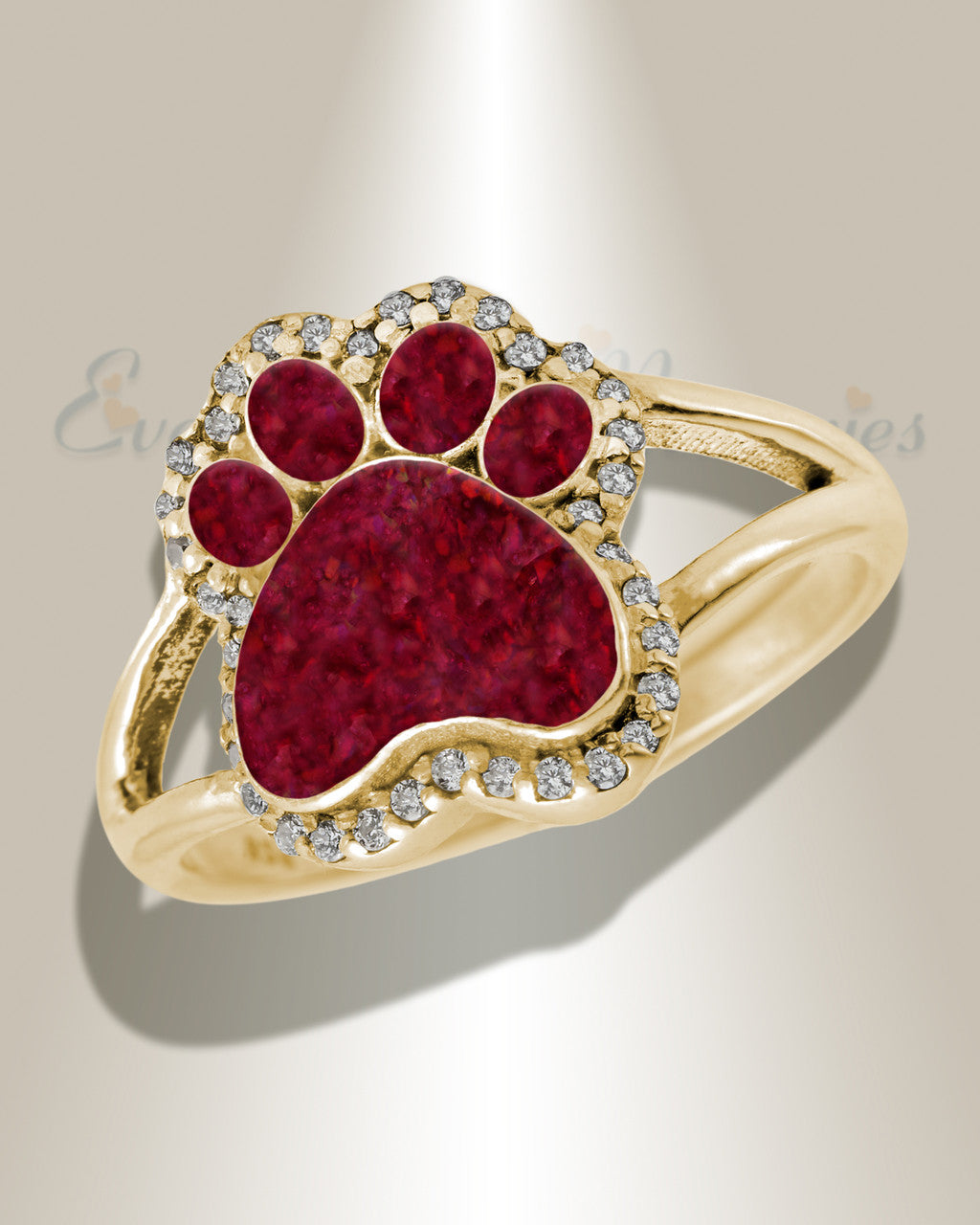 Solid 14K Gold Women's Paw Print Ash Ring with Scarlet Pearl Opal