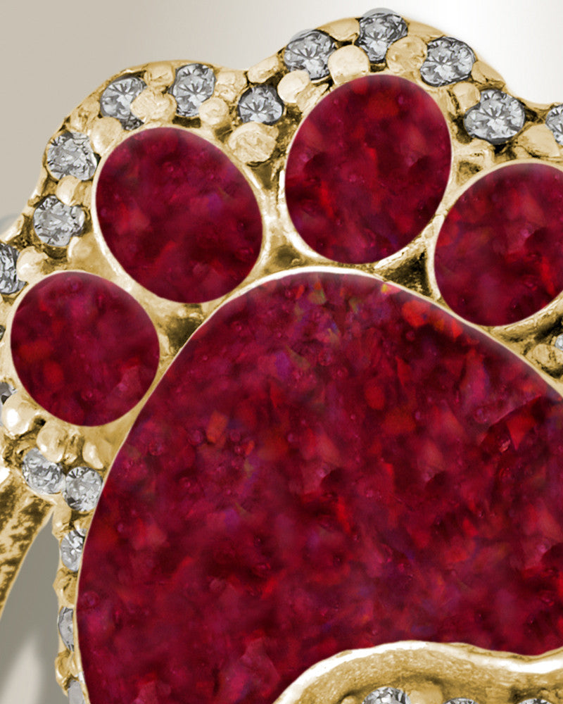 Solid 14K Gold Women's Paw Print Ash Ring with Scarlet Pearl Opal